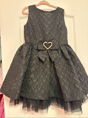 Angel Face Girls Black Heart-Textured Party Dress with Bow